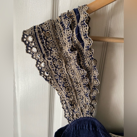 Sea New York Marley Navy Organic Cotton Pleated Tiered Eyelet Lace Midi Dress M - Picture 8 of 11